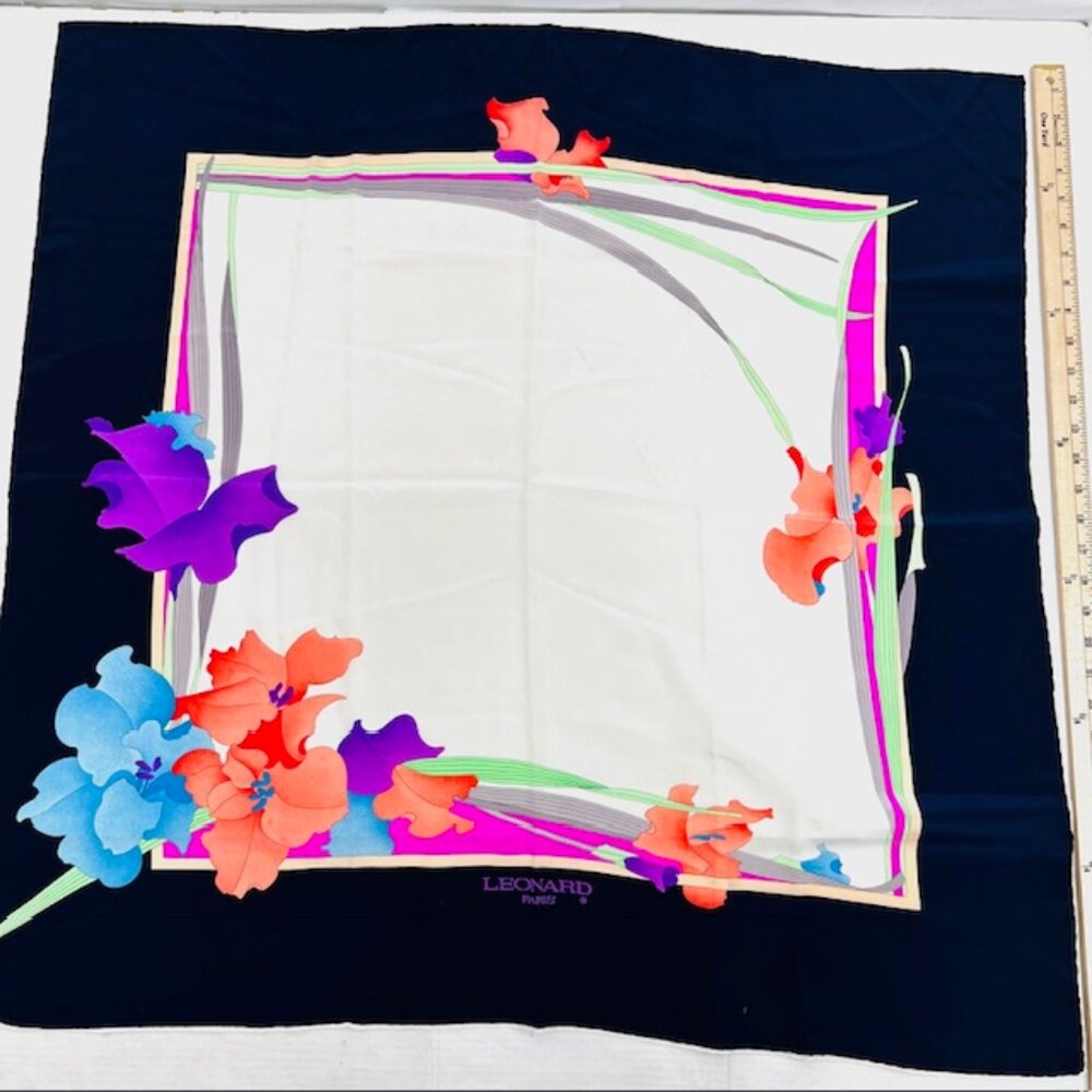 Leonard Paris 100% Silk Scarf 33" Ivery Blue pink purple green floral (79 - Picture 11 of 12